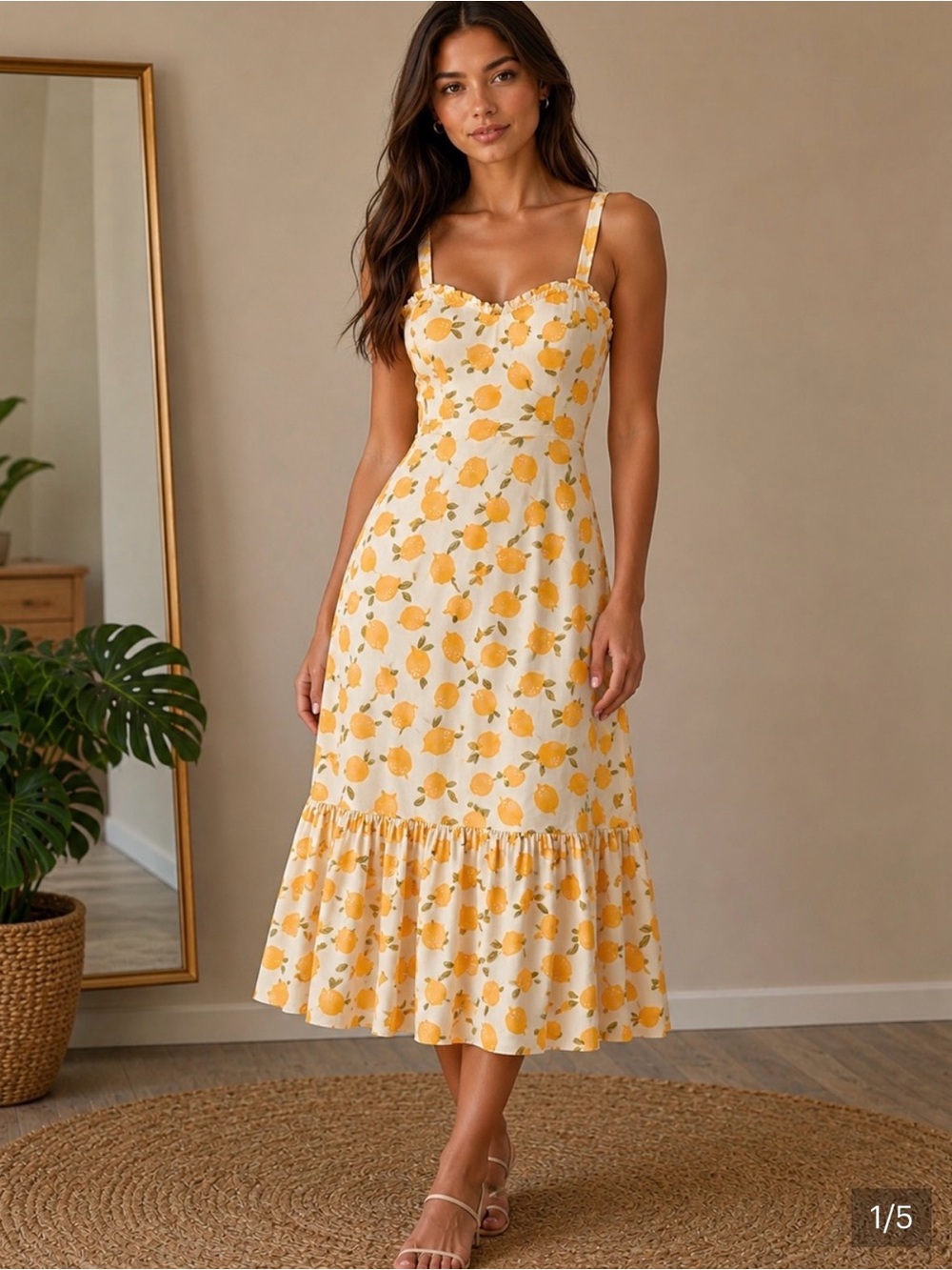 MELLODAY Yellow Lemon-Print Sweetheart Midi Dress